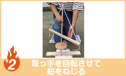 取っ手を回転させて紐をねじる